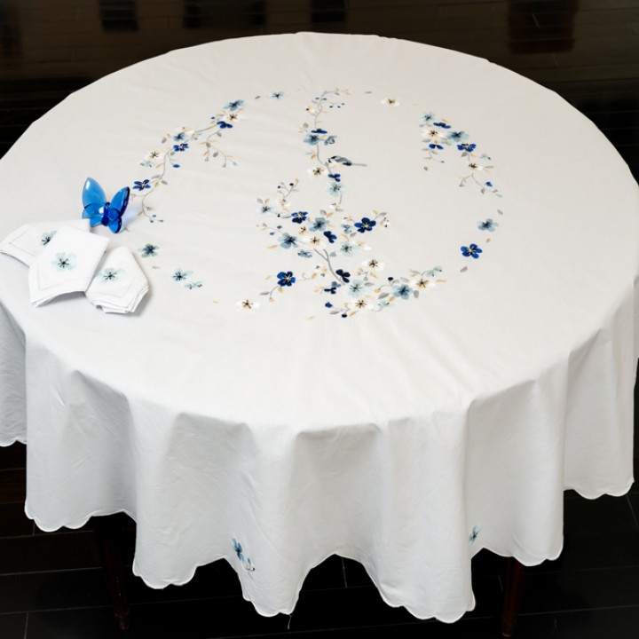 Round table cloth- Blue apricot blossom embroidery (size180 cm)